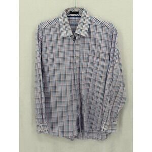 XMI Platinum Shirt Mens 16 34 35 White Plaid Long Sleeve Button Up Dress Office